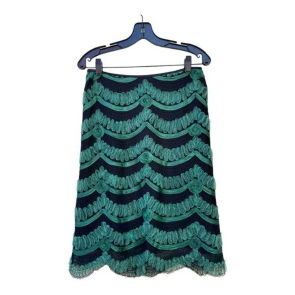 Pamela Barish Black & Green Scallop Tulle & Lace Pencil Skirt Sz 6